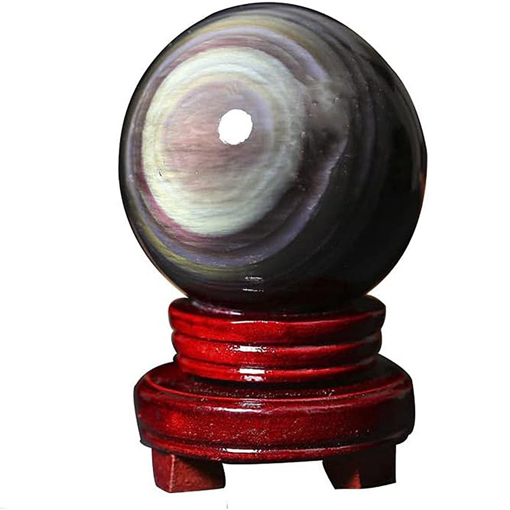 Natural Obsidian Sphere with Rainbow Eye Healing Crystal Fengshui Ball with Stand Sculpture Figurine for Meditation, Witchcraft Halloween Home Decor Divination,8~9cm/3.14"~3.54"
