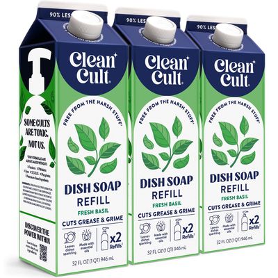 Cleancult Dish Soap Liquid Refills - Plant Based Cleaning Power - Cuts Grease & Grime - Free of Harsh Chemicals - Uses 90% Less Plastic - Fresh Basil - 32 oz/3 Pack