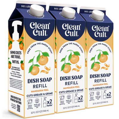 Cleancult Dish Soap Liquid Refills - Plant Based Cleaning Power - Cuts Grease & Grime - Free of Harsh Chemicals - Uses 90% Less Plastic - Mandarin Peel - 32 oz/3 Pack