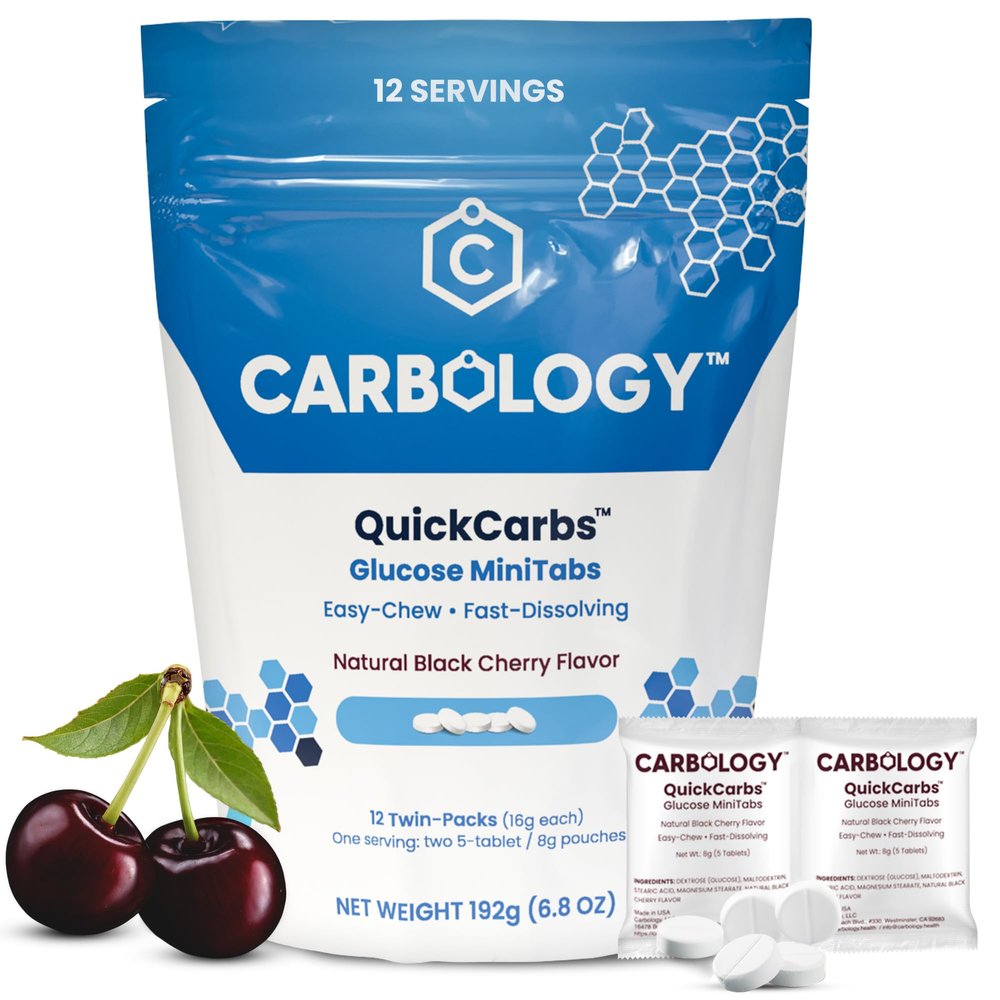 Carbology Fast-Acting Glucose MiniTabs (12-Pack) Small Easy-Chew Fast-Dissolve Tablets Pocket-Size Twin-Packs (8g + 8g) Natural Black Cherry No Preservatives/Colors/Gluten/Fructose