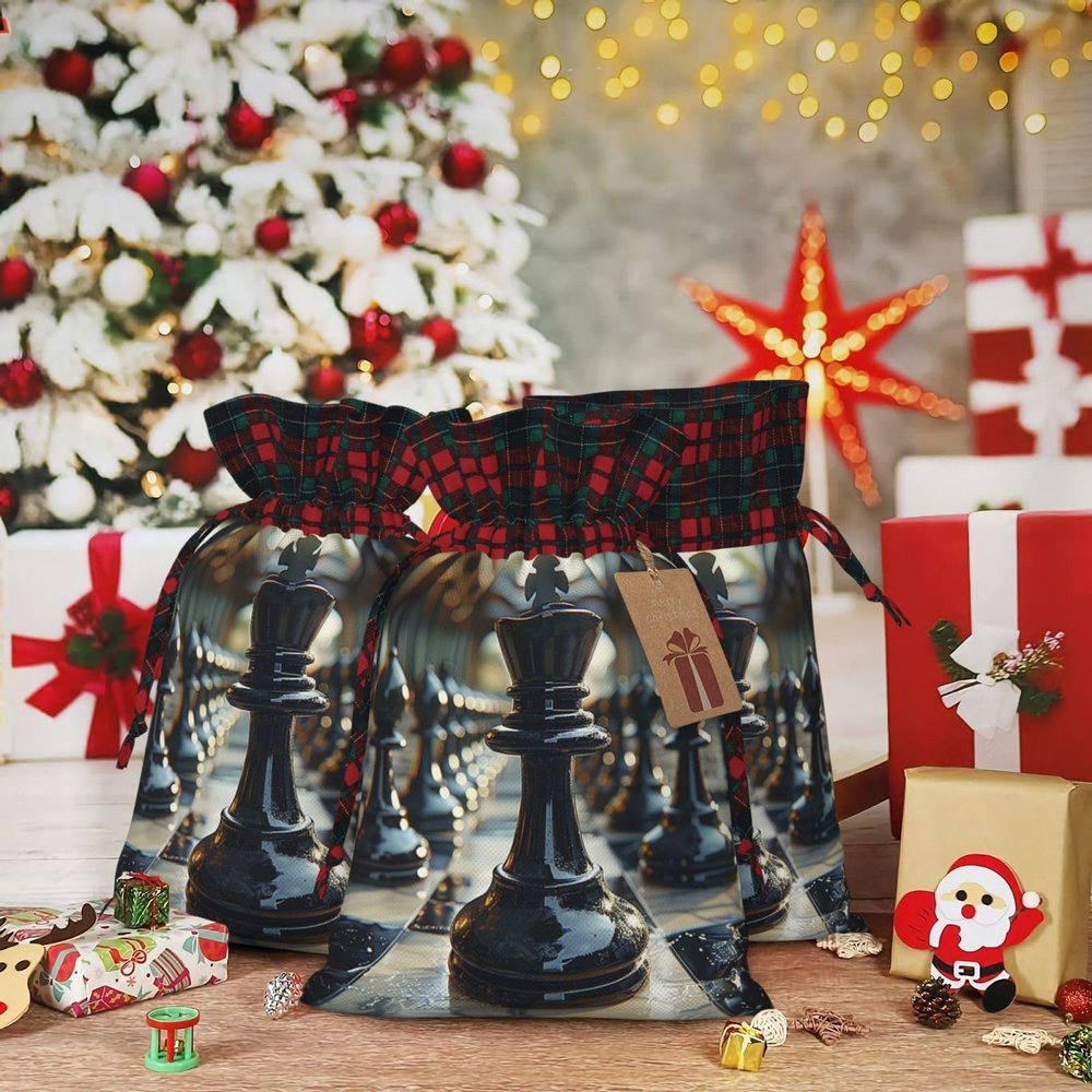 Christmas Drawstring Gift Bags Assorted Sizes Xmas Wrapping Bag Black White Chess Checkerboard Gift Bags Holiday Gifts Wrap Packing Pouches Favors Bag for Christmas Candy Goodie Holiday Party Favors Small