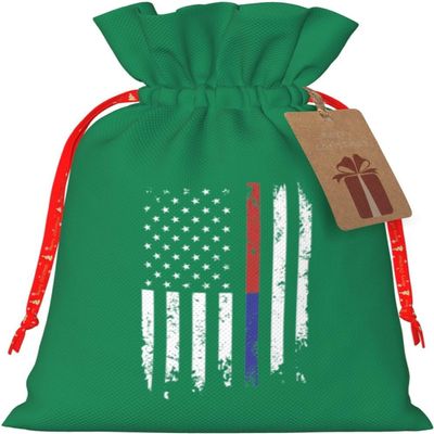 MUSM Thin Red and Blue Line American Flag Bags, Santa Wrapping Bags, with Drawstring and Tags Reusable