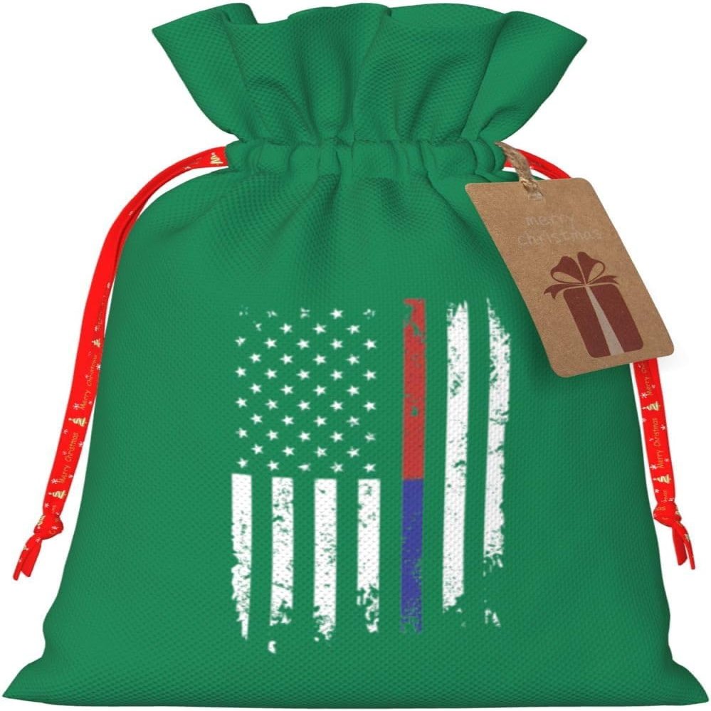 MUSM Thin Red and Blue Line American Flag Bags, Santa Wrapping Bags, with Drawstring and Tags Reusable