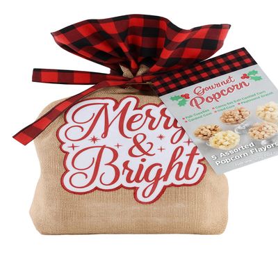 Merry Christmas Gourmet Popcorn Gift Bag, 5 Assorted Holiday Flavors, 46 oz Pub Cheddar, Caramel Corn, Sea Salt & Cocoa, Kettle Corn, Peppermint Crunch Under the Xmas Tree Snack Gift With Red Ribbon