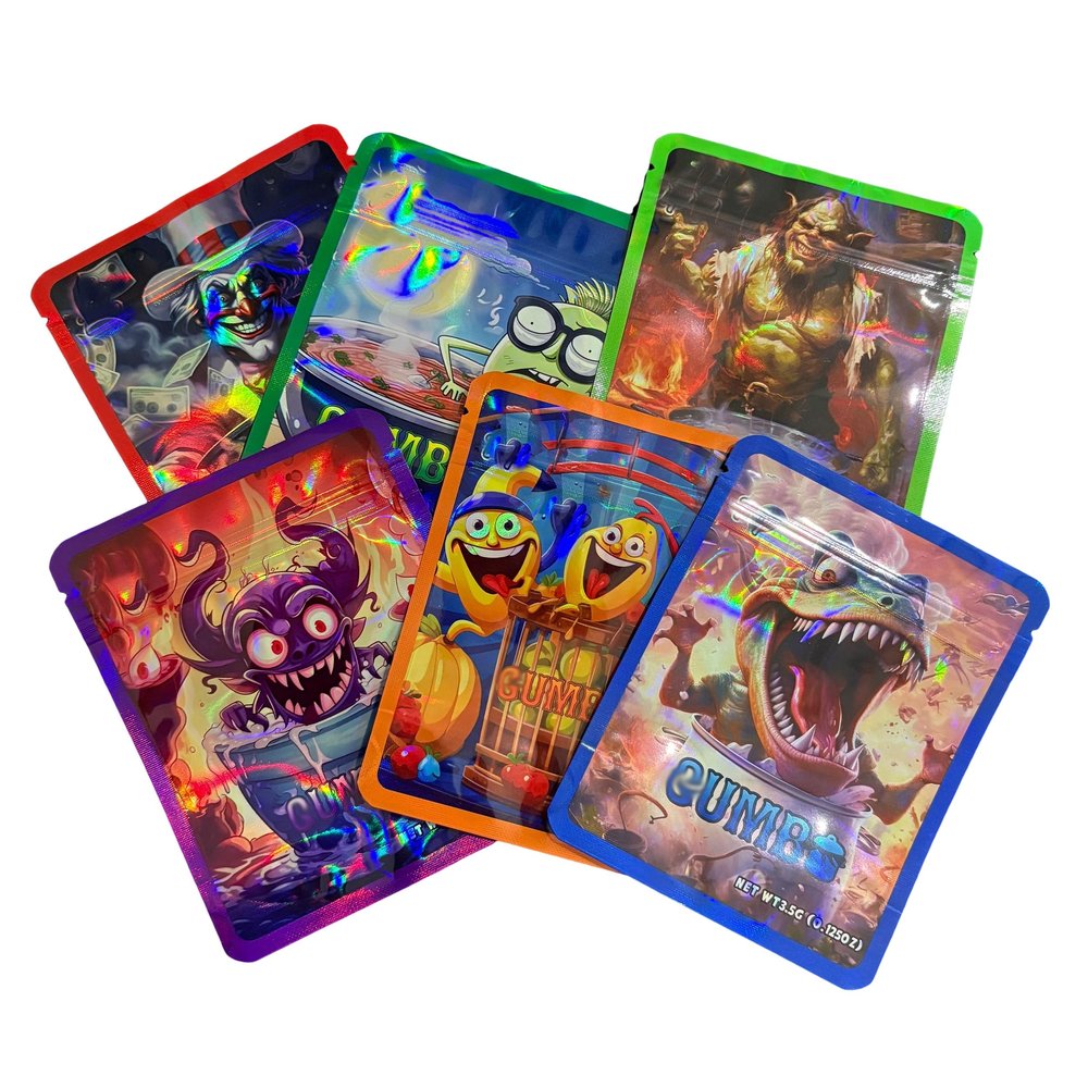 100 Packs Holographic 3.5g Mylar Candy Bags With Designs, Resealable 3.5 grams Baggies, 4x5 Inches Stand up Packaging Food Storage Bag