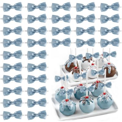 LiBongTa Mini Dusty Blue Satin Ribbon Bows 2 inch Premade Twist Tie Bows 50 PCS Small Blue Bow for Gift Wrapping Cake Candy Treat Bags Party Favors Crafts Birthday Wedding Decorations