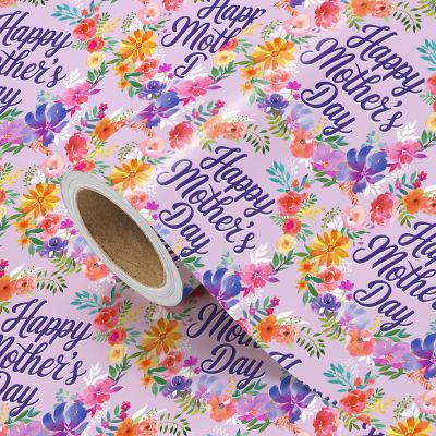 WRAPAHOLIC Mothers Day Wrapping Paper Roll - Mini Roll - 17 inch x 16.5 Feet - Happy Mothers Day and Watercolor Floral Wrapping Paper for Mom, Mothers Day, Mom Birthday, Thank You Gifts