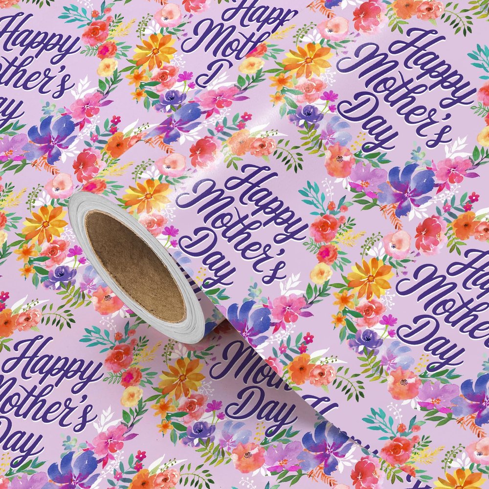 WRAPAHOLIC Mothers Day Wrapping Paper Roll - Mini Roll - 17 inch x 16.5 Feet - Happy Mothers Day and Watercolor Floral Wrapping Paper for Mom, Mothers Day, Mom Birthday, Thank You Gifts