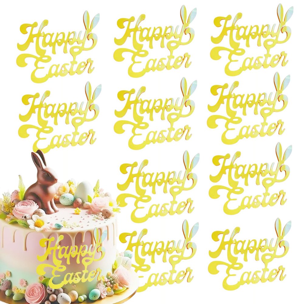 10 Pcs Happy Easter Cake Toppers Gold Acrylic Bunny Ear Side Cake Decoration for Spring Easter Birthday Baby Shower Party Supplies
