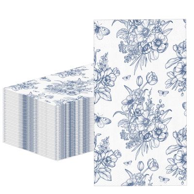 100PCS Blue Floral Napkins Disposable Paper Hand Towels for Bathroom Vintage Wildflower Guest Napkins Flower Butterfly Dinner Napkins for Wedding Bridal Baby Shower Birthday Spring Summer Party