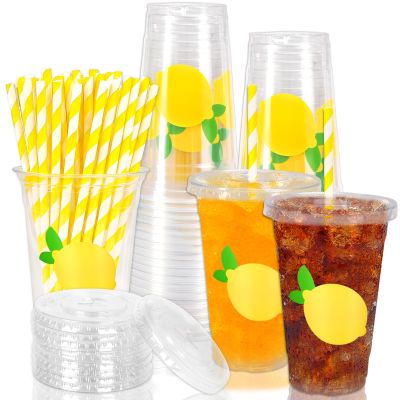 Whaline 50Pcs 16Oz Lemon Disposable Plastic Cups with Lids and Straws Summer Citrus Fruit Cold Beverage Drinking Cups for Birthday Baby Shower Party Supplies