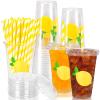 Whaline 50Pcs 16Oz Lemon Disposable Plastic Cups with Lids and Straws Summer Citrus Fruit Cold Beverage Drinking Cups for Birthday Baby Shower Party Supplies view 1