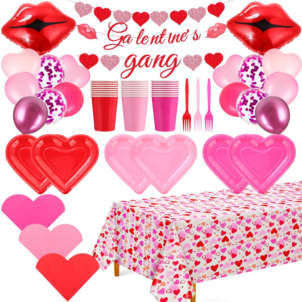 Ceenna 114 Pcs Galentines Day Party Favors Galentine's Gang Banner Disposable Heart Plates Napkins Paper Cups Forks Serve for 24 Guests, Kiss Lip Balloons Heart Balloons Plastic Tablecloth for Women