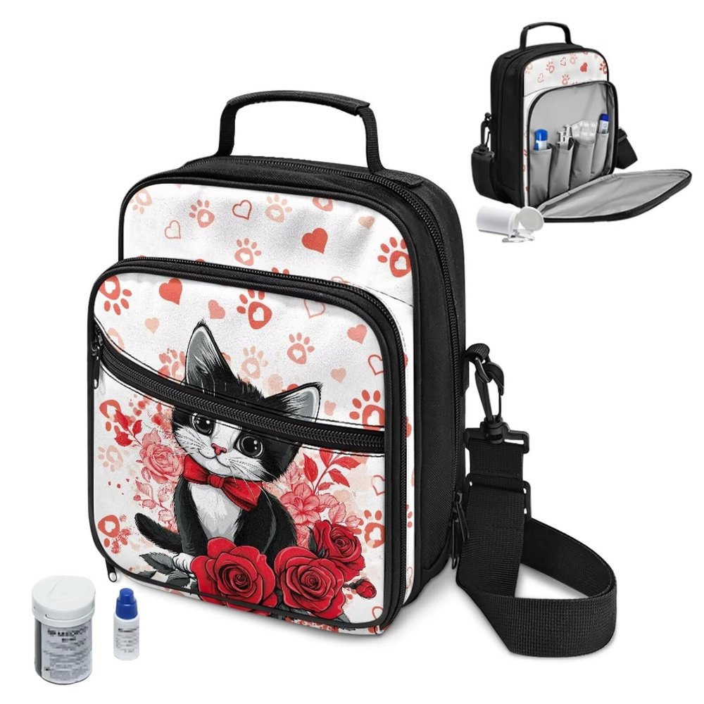Voxugoniy Diabetes Travel Backpack, Insulated Diabetes Sling Backpack Diabetic Care Products Diabetic Supplies Travel Case Gifts for Men & Women, Cat Rose