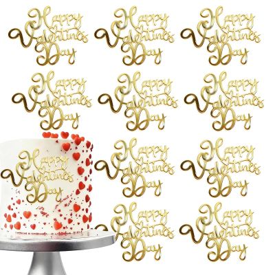10 Pcs Happy Valentine's Day Letter Cake Toppers for Cake Decorations, Mirror Acrylic Gold Cake Topper Picks Engagement Valentines Cake Decor Supplies