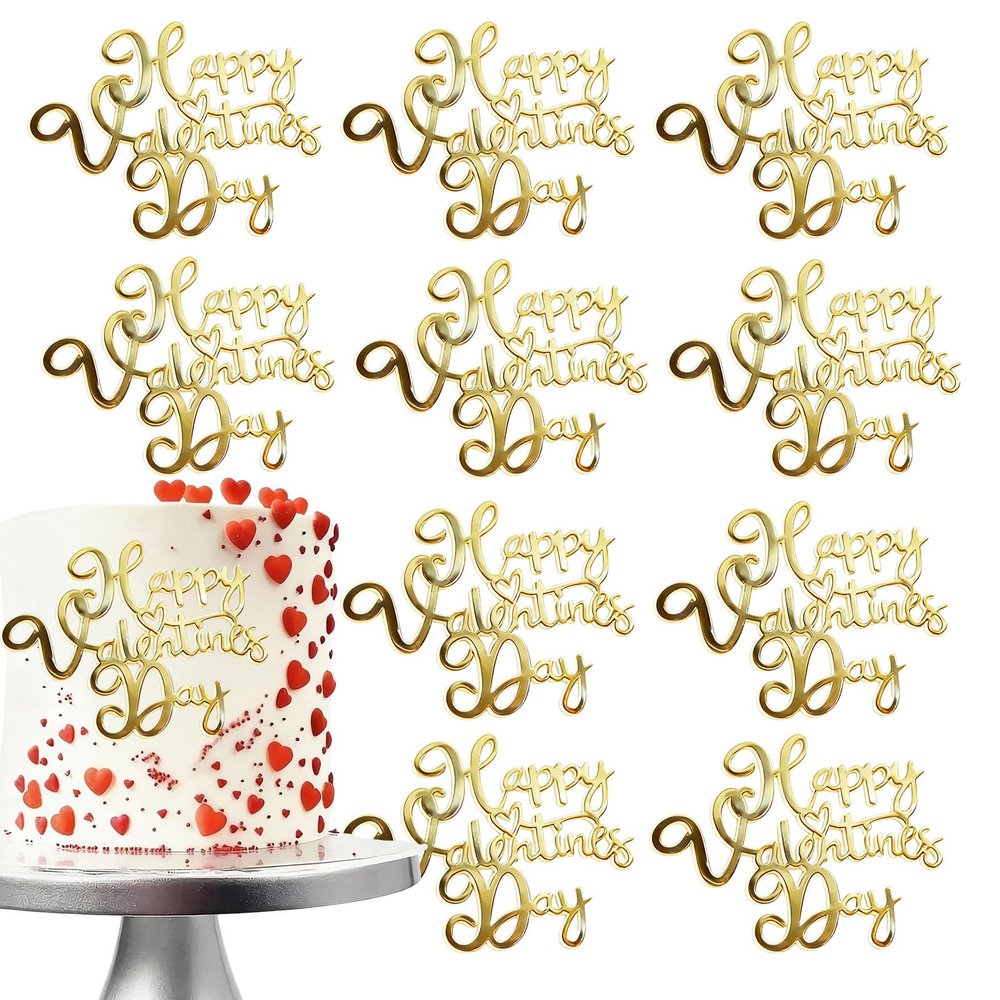 10 Pcs Happy Valentine's Day Letter Cake Toppers for Cake Decorations, Mirror Acrylic Gold Cake Topper Picks Engagement Valentines Cake Decor Supplies