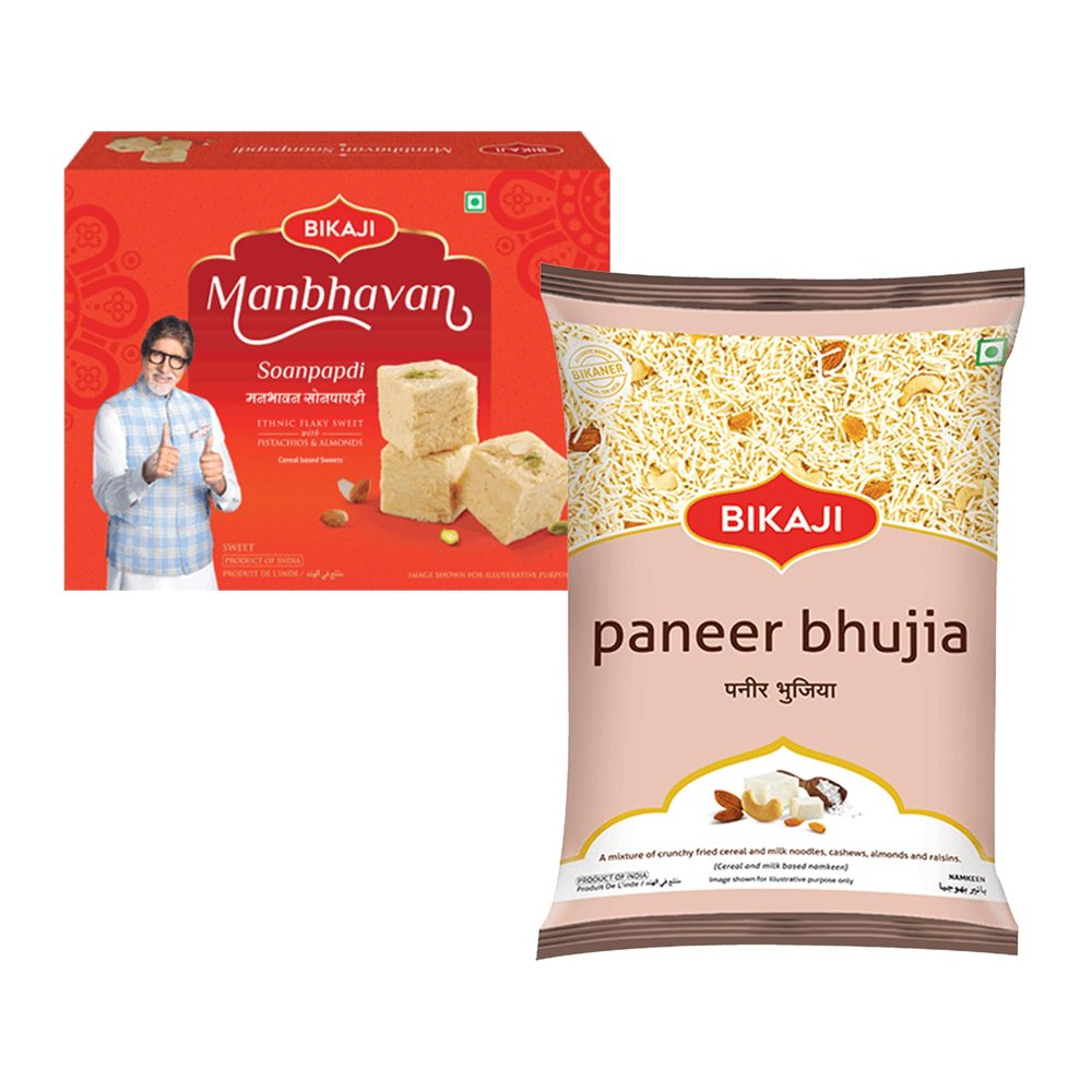 Bikaji Paneer Bhujia 400G & Soan Papdi Manbhawan 450G Combo | Ready to Eat Indian Namkeen | Crunchy Bar Snack, Tea-Time Munchies & Party Mix | Authentic Munching Pack for Sharing & Everyday Snacking