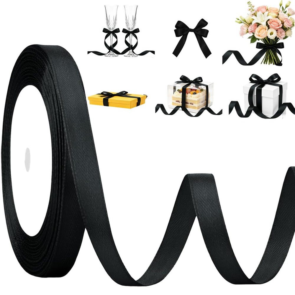 Black Thin Satin Ribbon, 3/8 Inch Width x 25 Yards Length