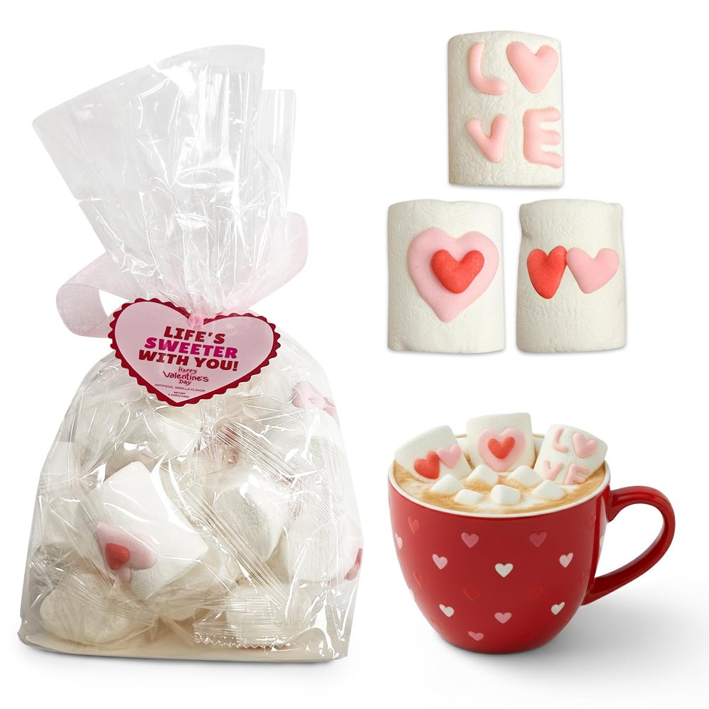 4E's Novelty Valentines Day Marshmallows (16 Pcs) - Decorated Marshmallow with Hearts Individually Wrapped Bulk for Hot Chocolate, Pink Candy Treats for Candy Bowl Filler Snacks, Hot Chocoalte Topper, Romantic Gift
