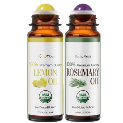 BodyJ4You Lemon + Rosemary Essential Oil Roll On Duo - Pure 100% USDA Organic MCT Coconut Oil - Natural Yellow Jade and Amethyst Stone Rollers - Uplift Focus Scalp Care Wrist Neck Temples - Amber Glas