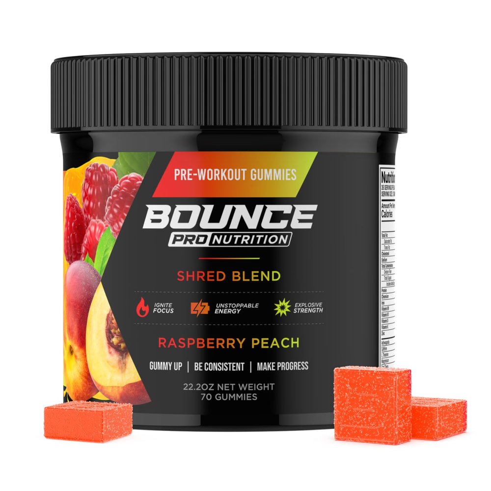 Bounce Pro Shred Blend Pre Workout Gummies Raspberry Peach 70 Vegan Gummies with Caffeine, Ashwagandha & L-Theanine for Energy, Focus & Endurance (70 Count (Pack of 1), Raspberry Peach)
