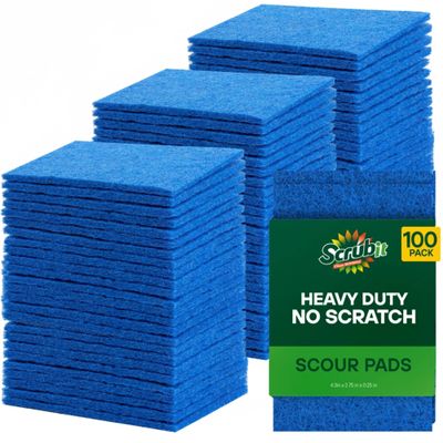 SCRUBIT Scouring Pad 100 Pack - Heavy Duty Scrub Pads for Cleaning Dishes - Non-Scratch Reusable Scrubbing - Blue (100)