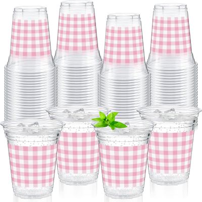 Qinyoung 50 Pcs Pink and White Checkered Plastic Cups 12oz Gingham Party Disposable Cups Bulk Drinking Cup for Cold Drinks Baby Shower Wedding Birthday Valentines Party Supplies