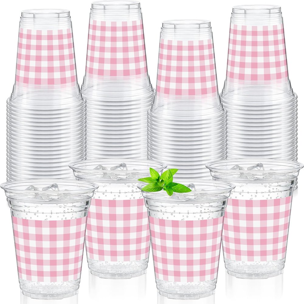 Qinyoung 50 Pcs Pink and White Checkered Plastic Cups 12oz Gingham Party Disposable Cups Bulk Drinking Cup for Cold Drinks Baby Shower Wedding Birthday Valentines Party Supplies