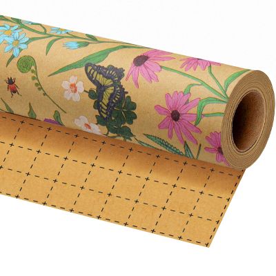 BIOBROWN Kraft Floral Wrapping Paper Roll - 17 Inches X 33 Feet (47 sq. ft. ttl.) Wildflower Design Flower Gift Wrap for Mother's Day, Wedding, Bridal Shower, Birthday, Engagement