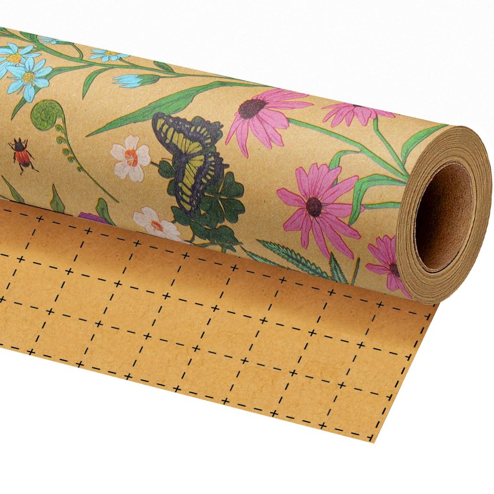 BIOBROWN Kraft Floral Wrapping Paper Roll - 17 Inches X 33 Feet (47 sq. ft. ttl.) Wildflower Design Flower Gift Wrap for Mother's Day, Wedding, Bridal Shower, Birthday, Engagement