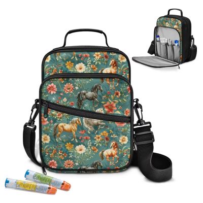 Voxugoniy Horse Floral Print Insulin Travel Case Diabetes Supplies Bag Travel Medication Diabetes Supplies Organizer Bag with Shoulder Strap for Glucose Meter and Diabetic Supplies