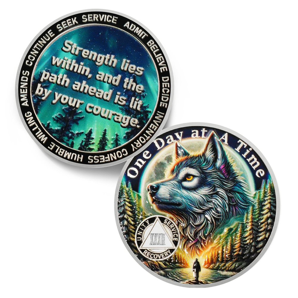 One Day At a Time 32 Year Sobriety Coin - 3D Aurora Forest Wolf AA Coins
