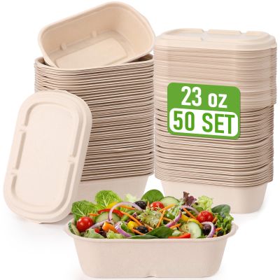 Acellegic 50 Pcs 23 oz Disposable Food Containers with Lids Paper Meal Prep Containers with Lids Take out Food Biodegradable Rectangular Bowls for Salads, Lunch, Pasta