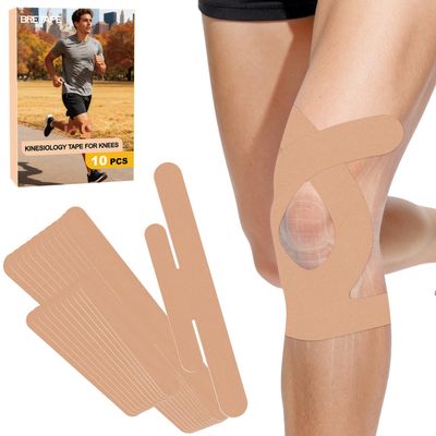 10 Pcs Precut Kinesiology Tape for Knees Adhesive Knee Tape Knee Support & Stability Knee Pain Relief Breathable Hypoallergenic Latex-Free Elastic Tape for Knees - Beige