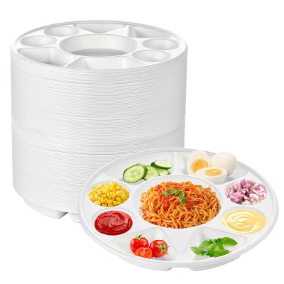 100% Compostable 9 Compartment Heavy Duty Paper Plates, 200 Pack 12.52" Round Compartment Plate, Compostable Sugarcane Plate for School Lunch Trays, Buffet, Events, Wedding, Party