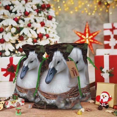 Christmas Gift Bags with Drawstrings Christmas Burlap Party Favor Little White Swan in the Nest Gift Bag Xmas Wrapping Bags with Tags Linen Xmas Drawstring Bag for Party Presents Supplies Medium