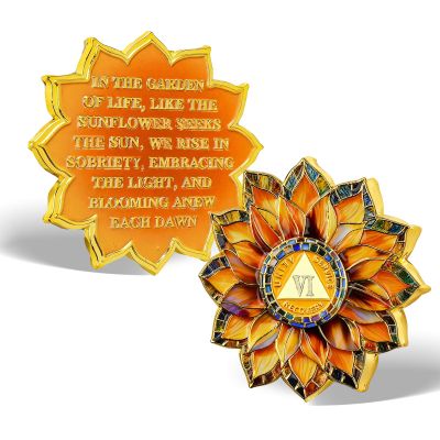 Value Valor Vow Sunflower 6 Year Sobriety Coin, AA Recovery Medallion