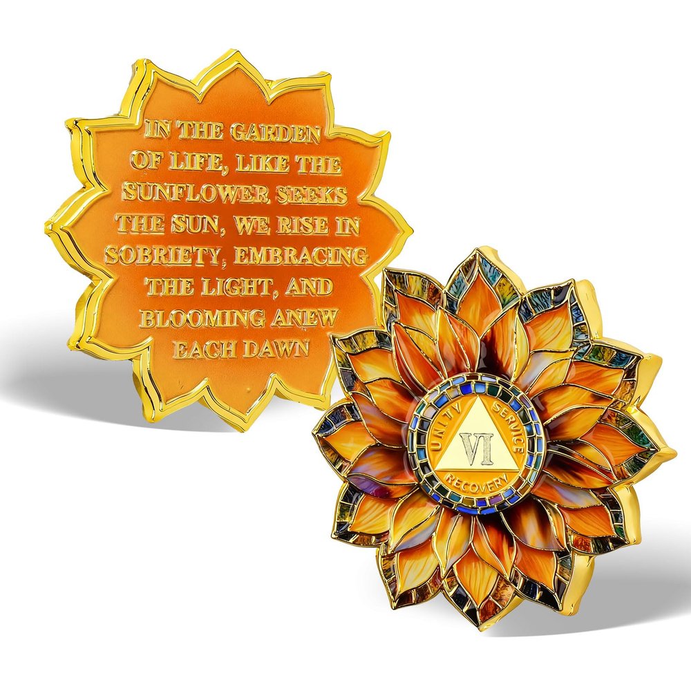 Value Valor Vow Sunflower 6 Year Sobriety Coin, AA Recovery Medallion