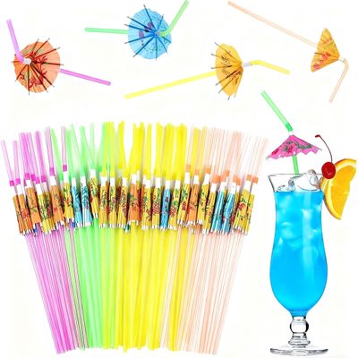 100 Pcs 9.5 Inch Umbrella Party Straws, Assorted Colors Decorative Straws for Cocktail, Juice, Hawaiian & Birthday Party Supplies