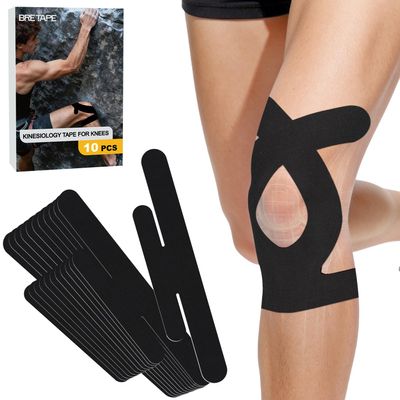 10 Pcs Precut Kinesiology Tape for Knees Adhesive Knee Tape Knee Support & Stability Knee Pain Relief Breathable Hypoallergenic Latex-Free Elastic Tape for Knees - Black