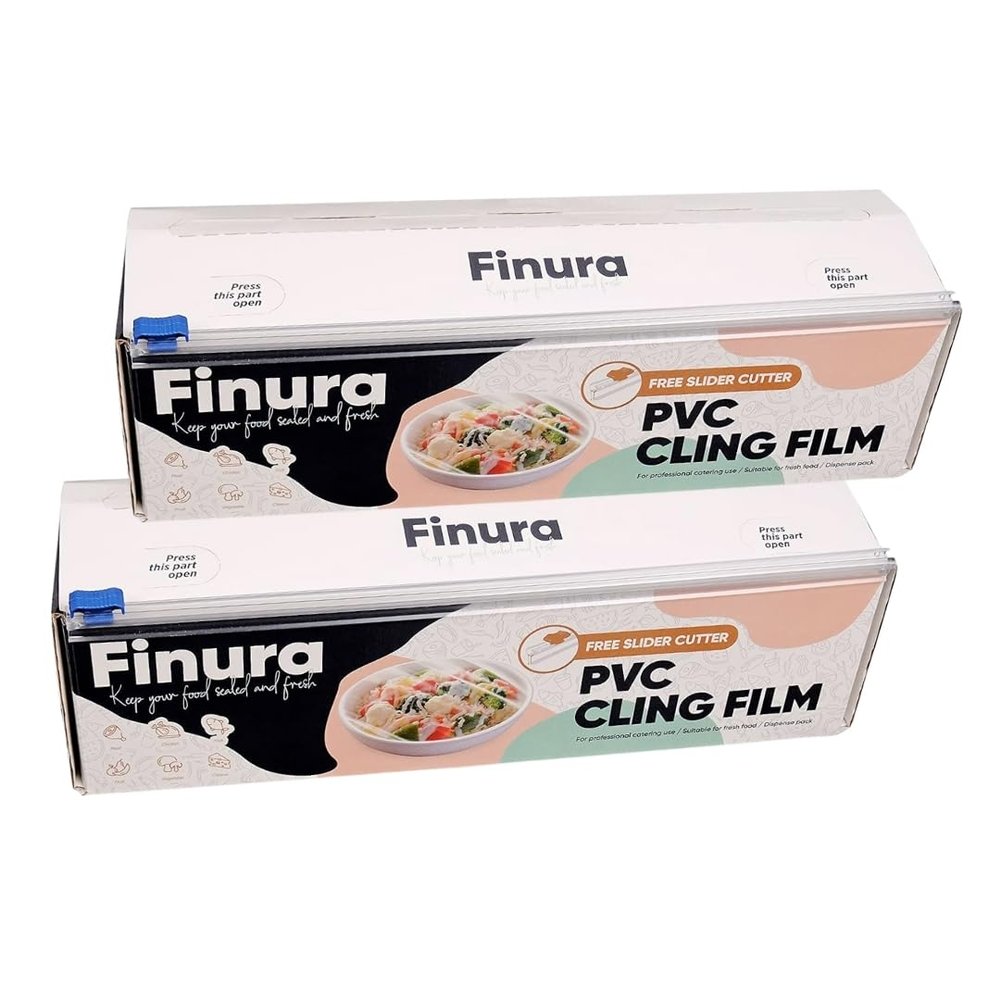 Finura Foodservice Plastic Wrap Film, Slider Cutter, BPA Free, Antifog, Optimum Cling, Microwave and Freezer Safe, Home & Commercial Use 1500 ft (sq. ft.) (18 in x 1000 ft) (2)