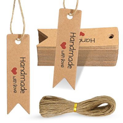 100 Pcs Tags for Gift Bags 2.8X1 in Paper Gift Tags with 66 ft String Holiday Gifts Labels Handmade with Love Tag for Wedding Birthday Party Favors Gifts Wrapping DIY Arts and Crafts