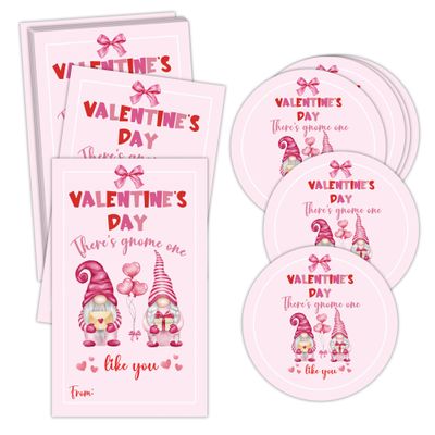 Gnome Valentine Tag Stickers Set, Valentine's Day Gift Tags Stickers, Gift Wrapping & School Classroom Favor Supplies, 20 Round & 20 Square