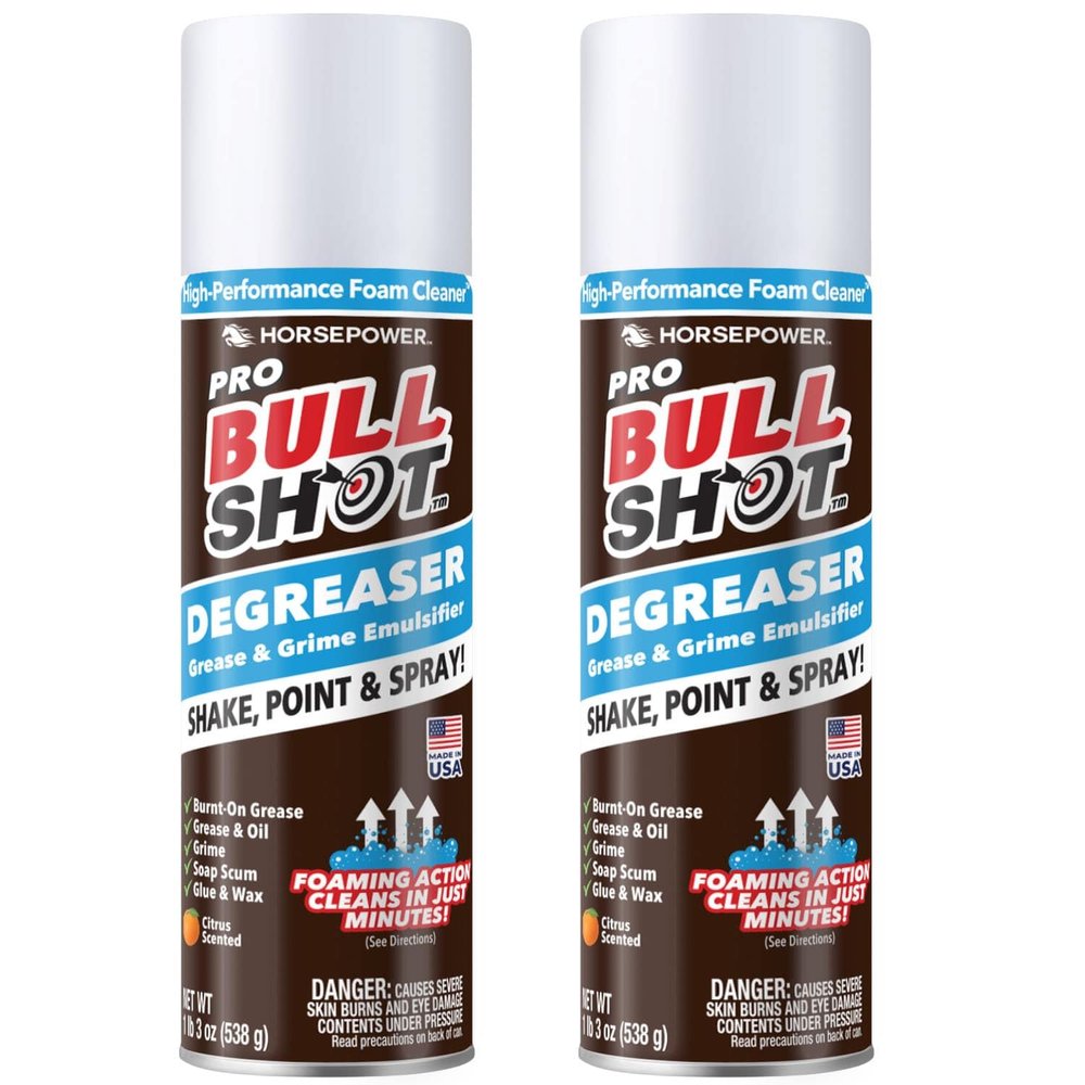 Bull Shot Degreaser Pro, Foaming Degreaser & Grime Remover, Professional Strength AS SEEN ON TV Residue-Free, Shake, Point & Spray, Emulsifies Grease, Oil, Glue, Residue & More - Made in USA - 2PK