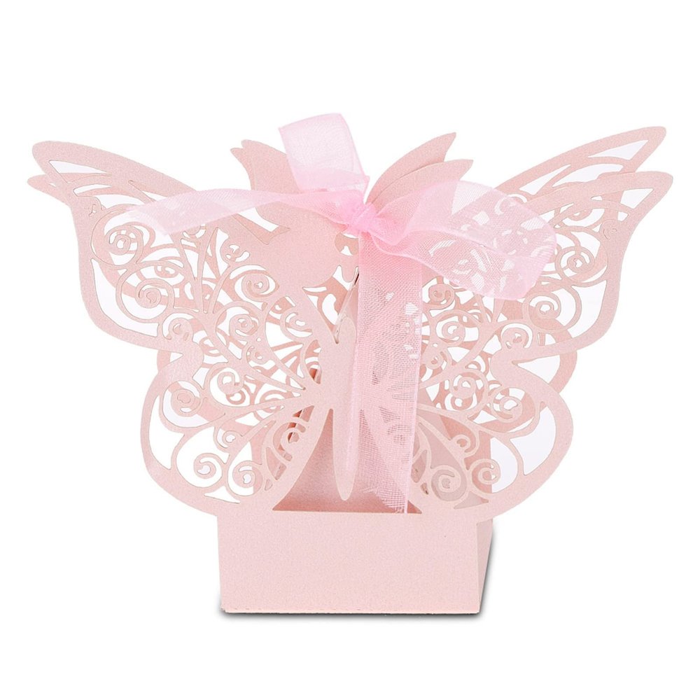 100PCS Wedding Favor Sugar Chocolate Boxes, Elegant Candy Boxes for Wedding Birthday Party Favors, Butterfly Sugar Boxes with Rustic Design, Perfect for Alpenliebe Candies and Dove (Pink)
