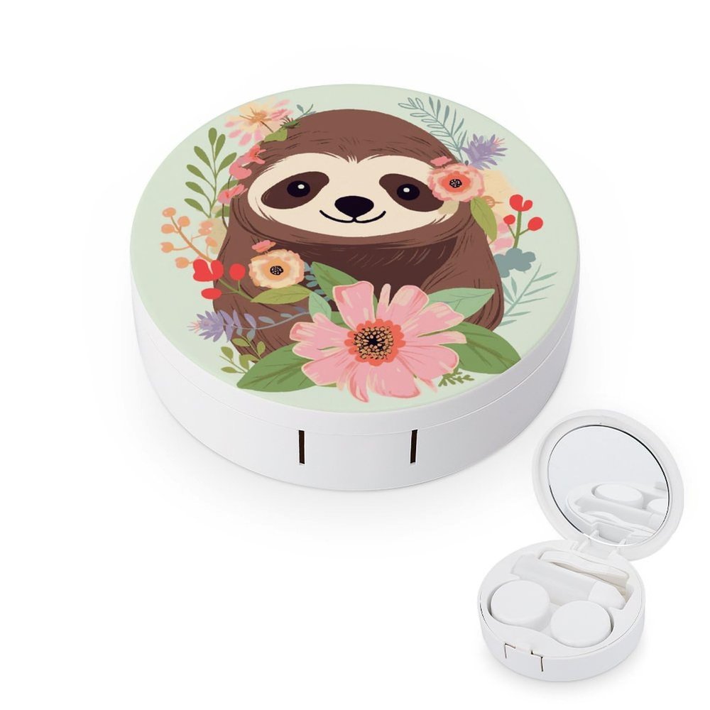 FekiLoot Sloth And Flowers Contact Lens Cases, Cute Contact Lenses Lens Box Set Outdoor Mini Contact Lens Soak Storage Kit with Mirror Daily Vision Care And Outdoor Use