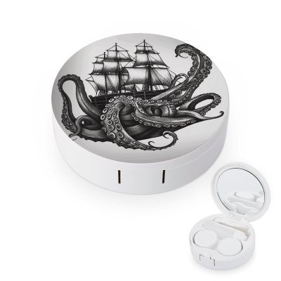FekiLoot Black And White Octopus And Ship Contact Lens Cases, Cute Contact Lenses Lens Box Set Outdoor Mini Contact Lens Soak Storage Kit with Mirror Daily Vision Care And Outdoor Use