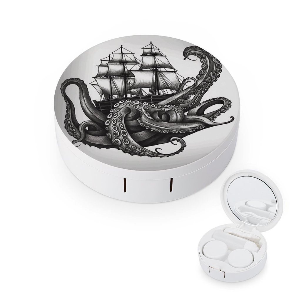 FekiLoot Black And White Octopus And Ship Contact Lens Cases, Cute Contact Lenses Lens Box Set Outdoor Mini Contact Lens Soak Storage Kit with Mirror Daily Vision Care And Outdoor Use