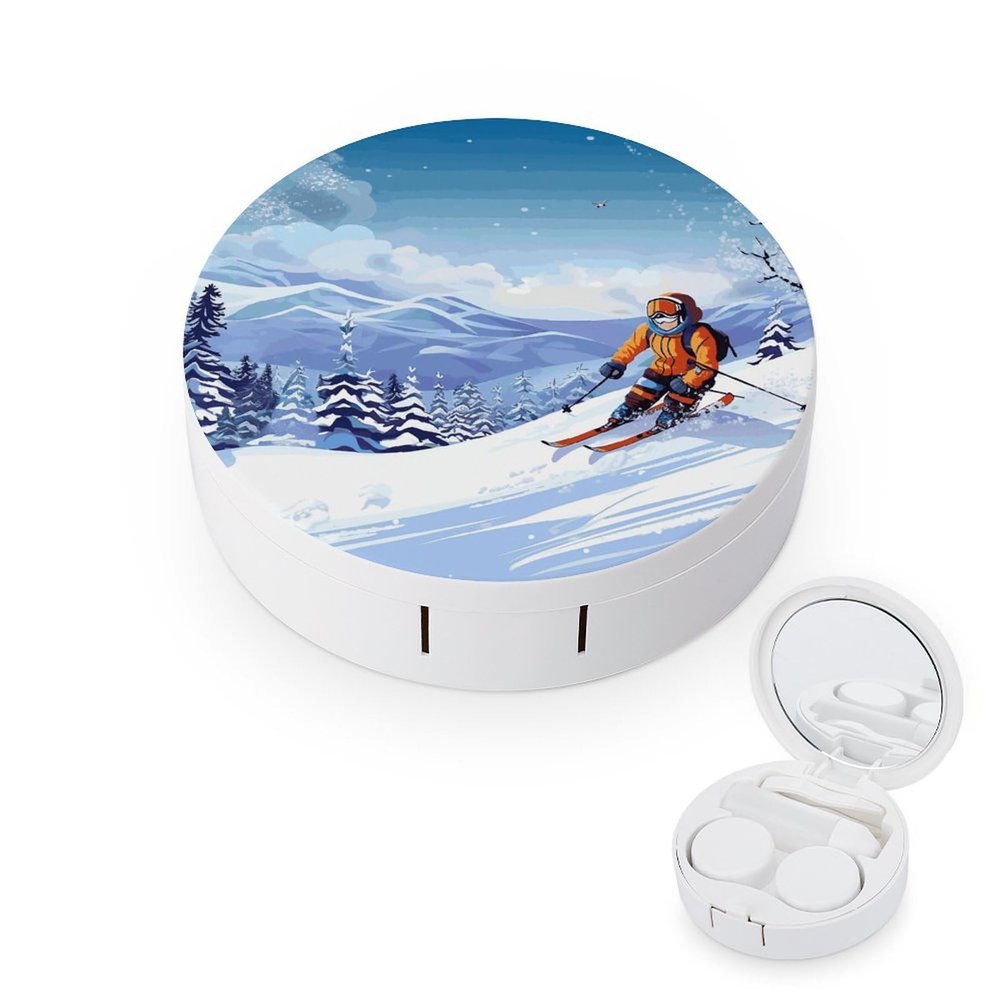 FekiLoot Winter Skiing Contact Lens Cases, Cute Contact Lenses Lens Box Set Outdoor Mini Contact Lens Soak Storage Kit with Mirror Daily Vision Care And Outdoor Use
