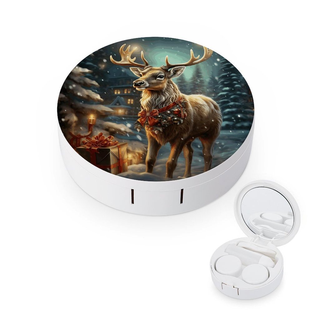 FekiLoot Christmas Gift Reindeer Contact Lens Cases, Cute Contact Lenses Lens Box Set Outdoor Mini Contact Lens Soak Storage Kit with Mirror Daily Vision Care And Outdoor Use